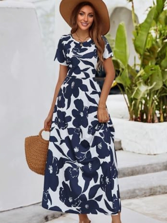 Dresses & Skirts - Women’s Navy Floral Maxi Dress - Elegant Summer Fit